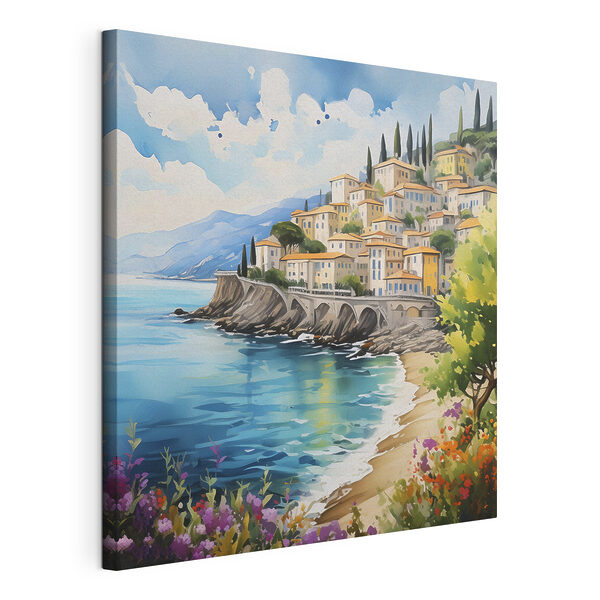 A painting of a town on a cliff by the water A painting of a town on a cliff by the water