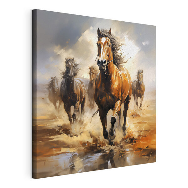 Een groep paarden rent door het water Canvas Schilderijen Een groep paarden rent door het water