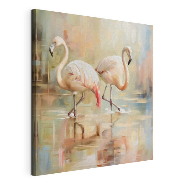 Twee flamingo's lopen op water Canvas Schilderijen Twee flamingo's lopen op water