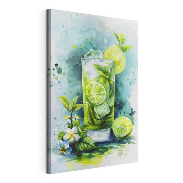 Canvas Schilderijen Aquarel van een drankje met limoenen en bladeren