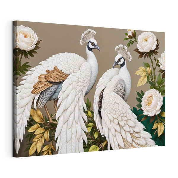 Canvas Schilderijen Canvas Schilderijen Paar witte pauwen op een tak met bloemen (Artikelnummer: s40022)