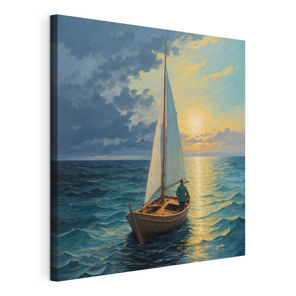 Schilderij van een man in een boot in de oceaan Canvas Schilderijen Schilderij van een man in een boot in de oceaan