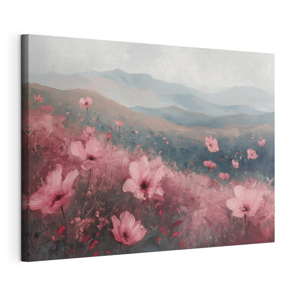 Canvas Schilderijen Veld met roze bloemen