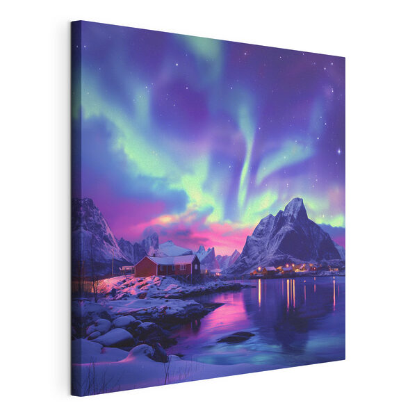 Besneeuwd landschap met bergen en een meer Canvas Schilderijen Besneeuwd landschap met bergen en een meer