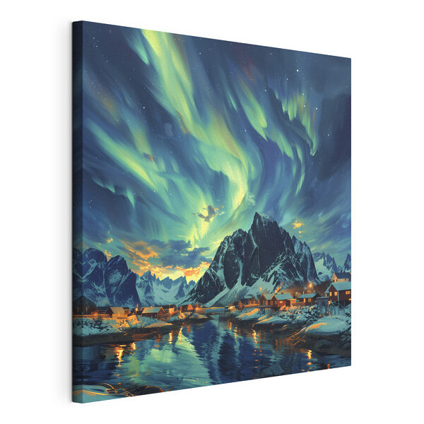Canvas Schilderijen Landschap met een meer en huizen in de sneeuw