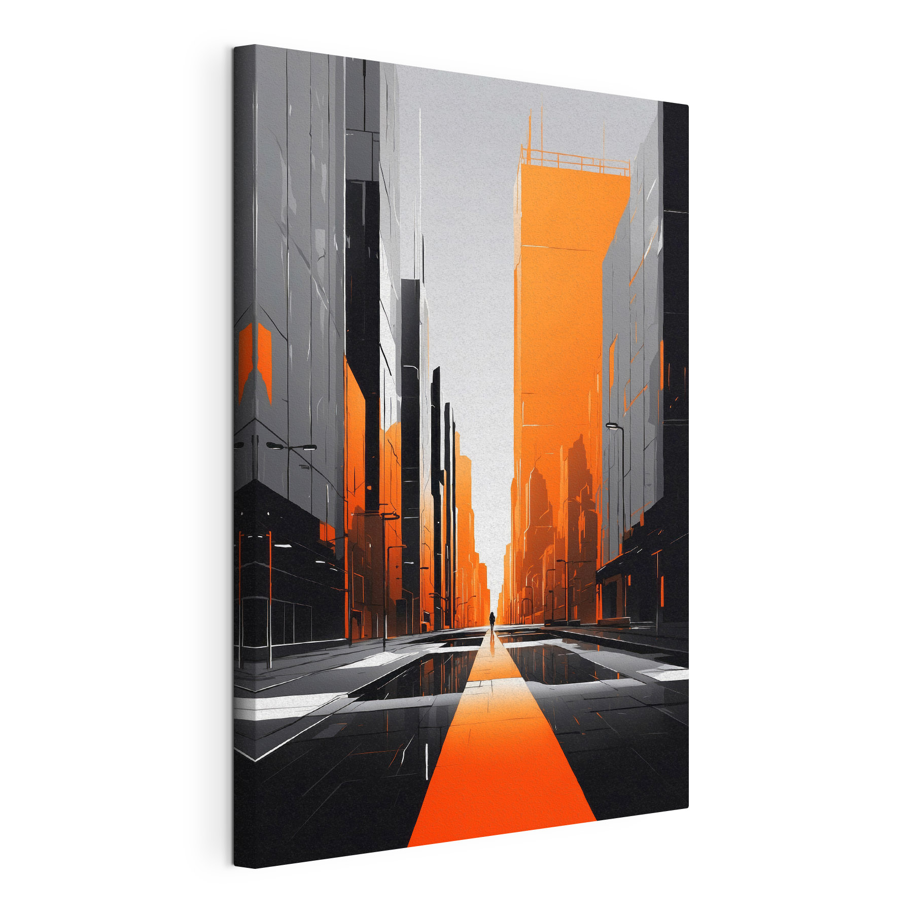 Person walking on a street with tall buildings