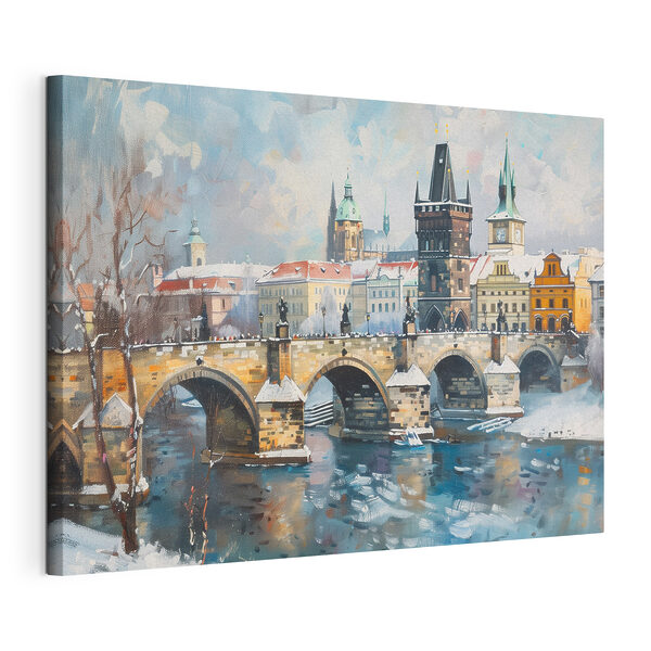 Brug over water met gebouwen en sneeuw Canvas Schilderijen Brug over water met gebouwen en sneeuw