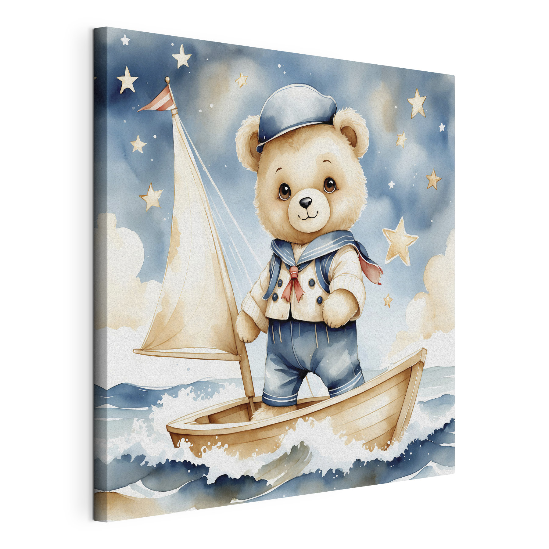 Teddy bear in a sailor outfit on a boat