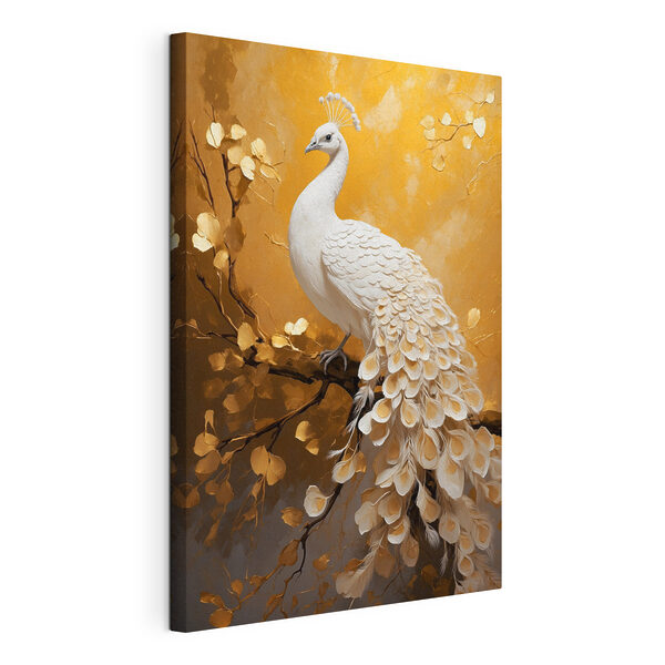 Canvas Schilderijen Witte pauw met veren op een tak