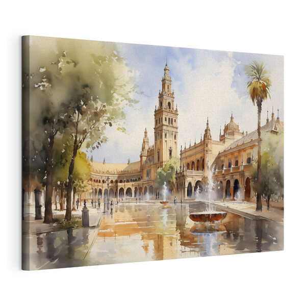 Canvas Schilderijen Waterfontein voor een gebouw