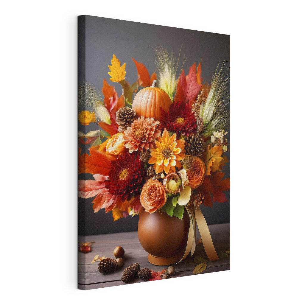 Vase of flowers and pumpkins