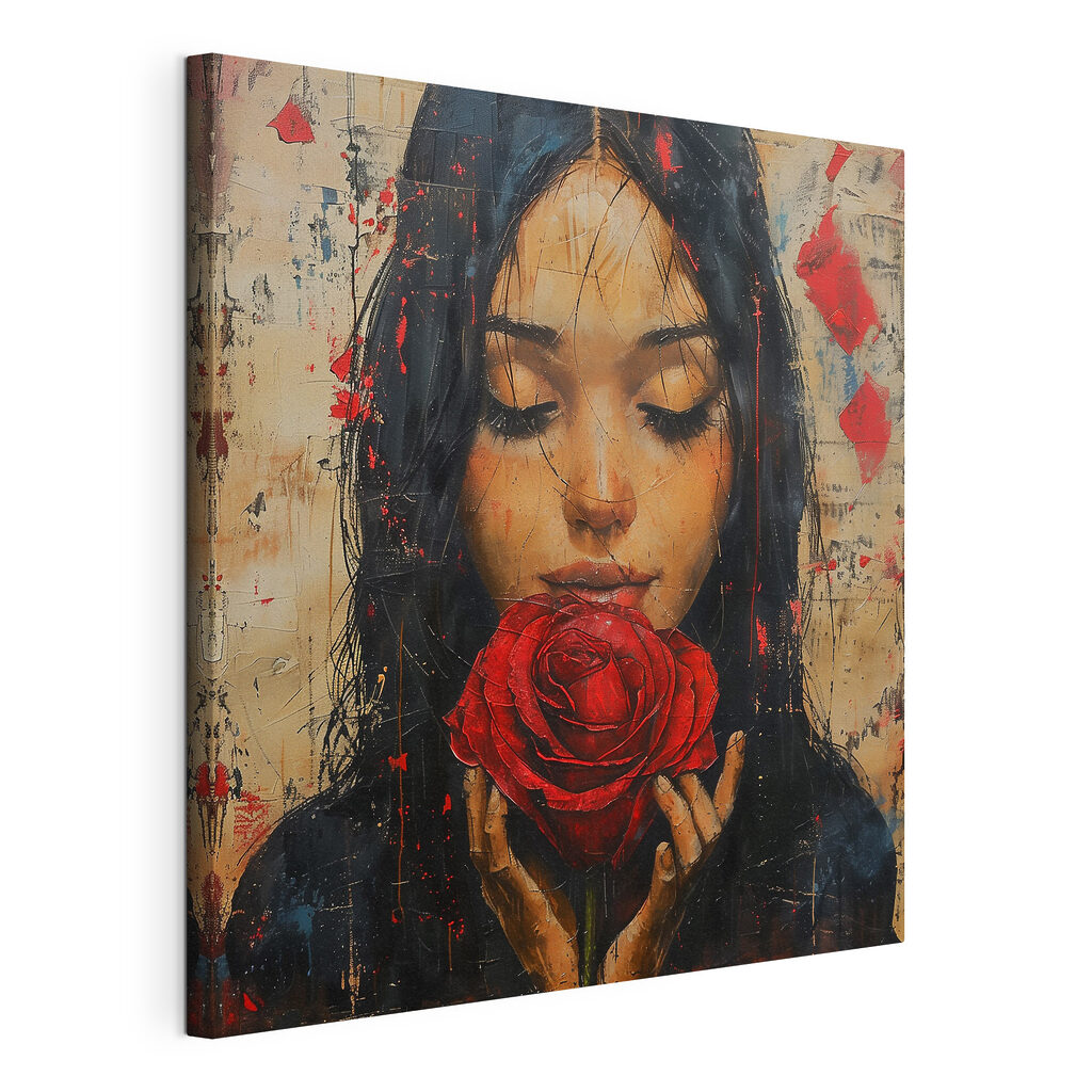 Painting of a woman holding a red rose Painting of a woman holding a red rose