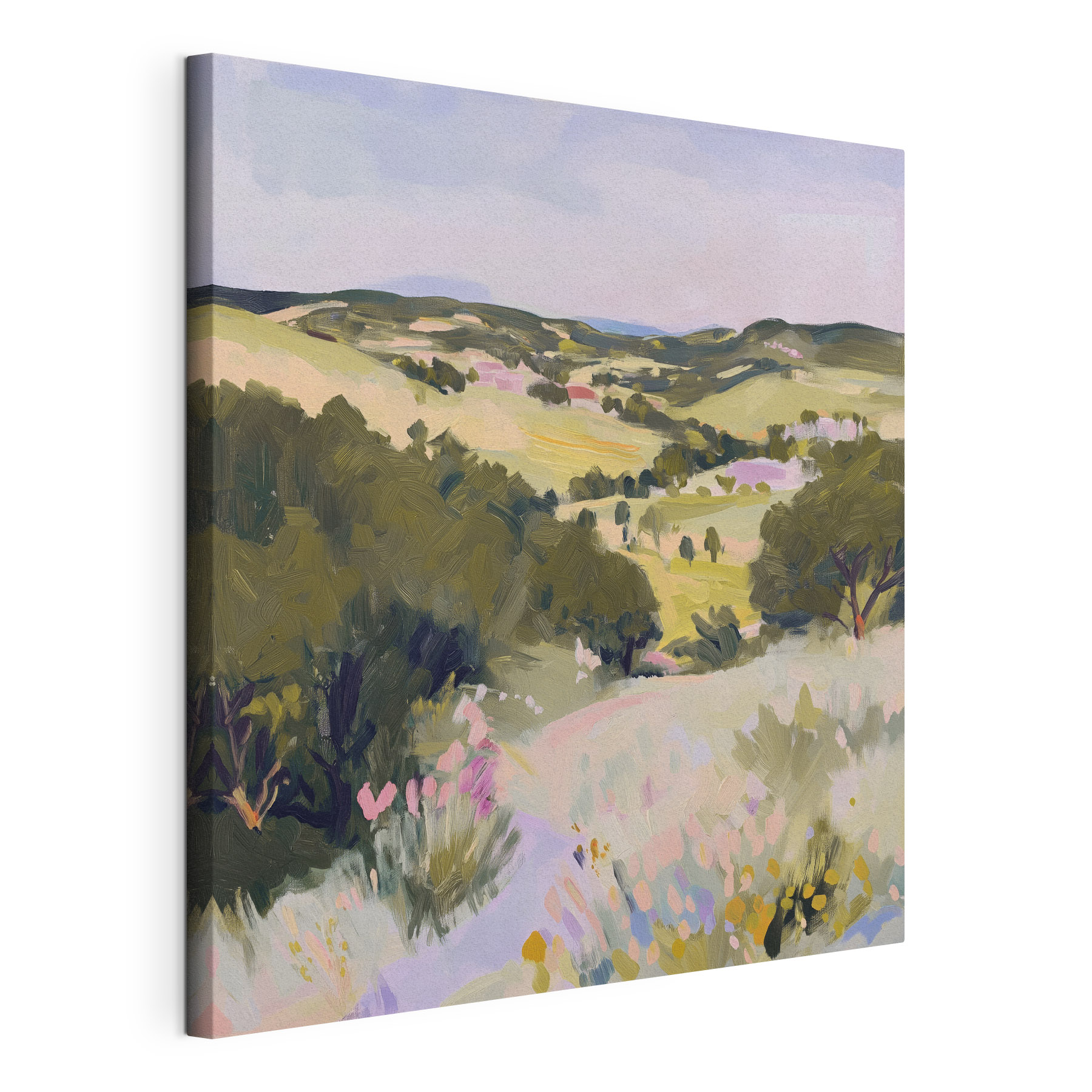 Painting of a landscape with trees and hills