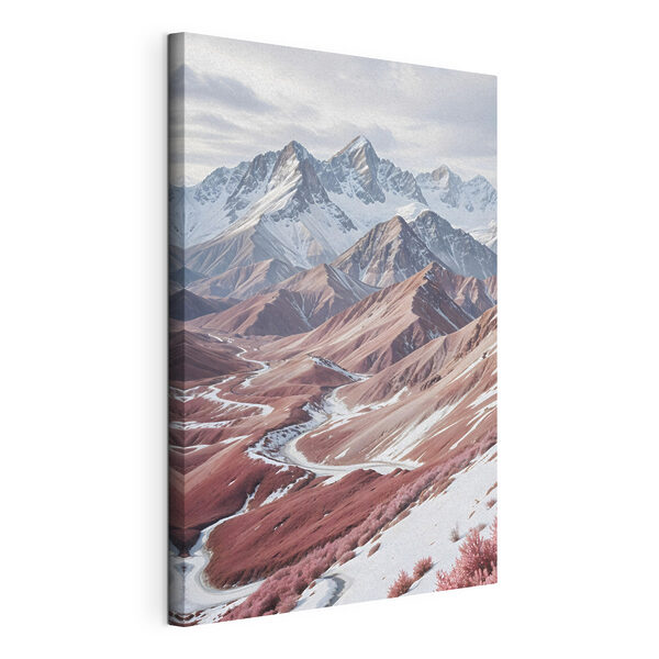 Besneeuwde bergen met een kronkelige weg Canvas Schilderijen Besneeuwde bergen met een kronkelige weg