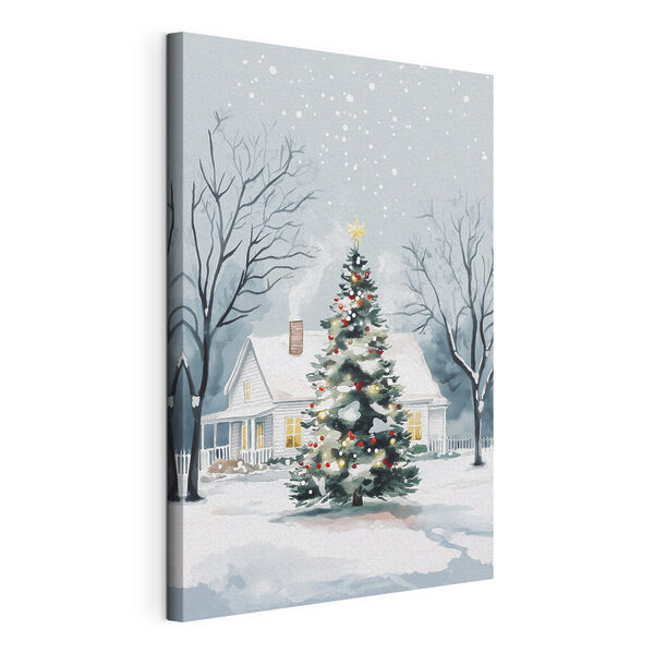 Canvas Schilderijen Kerstboom voor een huis