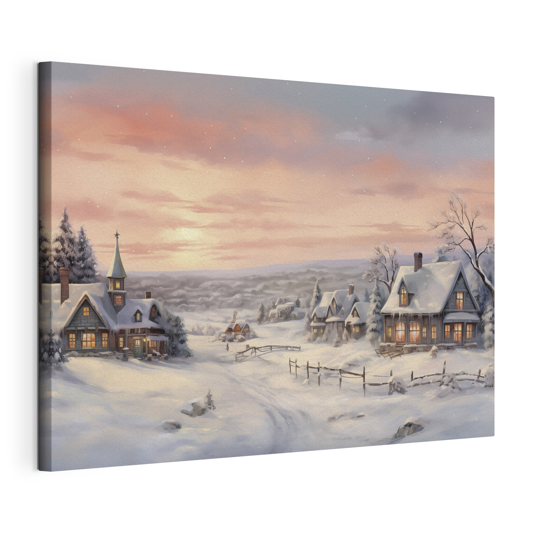 Snow covered village with houses and a fence