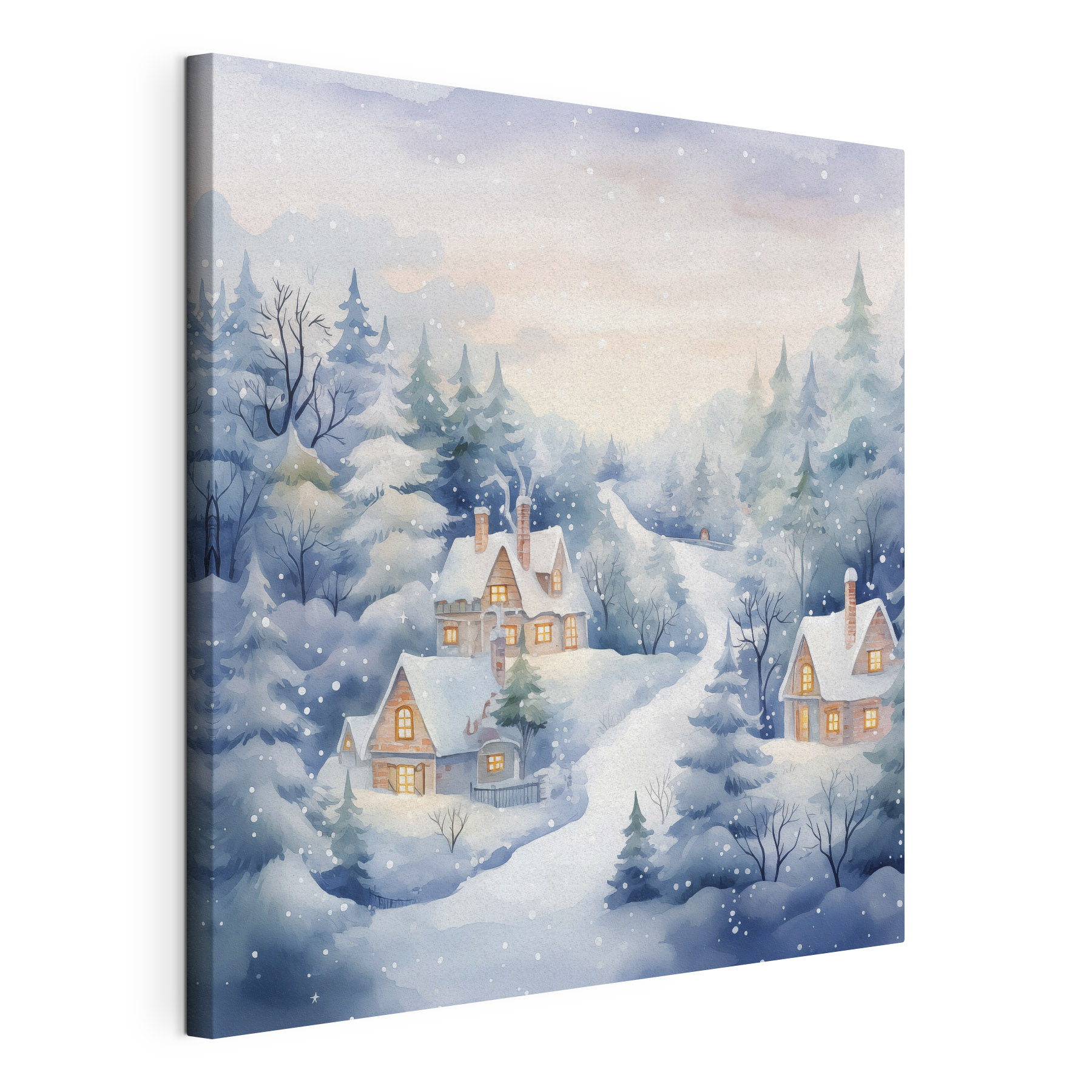 Painting of houses in a snowy forest