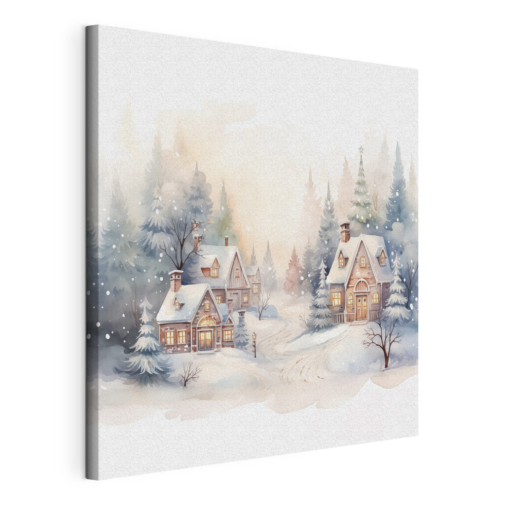 Watercolor painting of houses in a snowy forest Watercolor painting of houses in a snowy forest