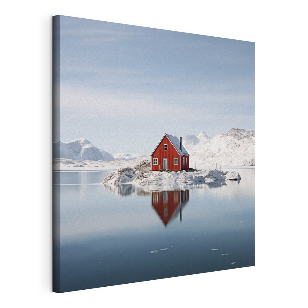 Red house on an island in water with snow covered mountains in the background Red house on an island in water with snow covered mountains in the background