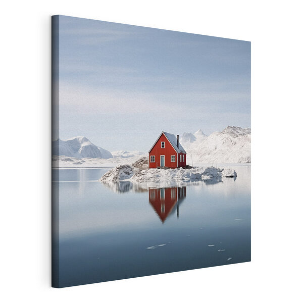 Red house on an island in water with snow covered mountains in the background Red house on an island in water with snow covered mountains in the background