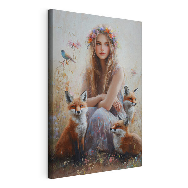 Schilderij van een vrouw met vossen Canvas Schilderijen Schilderij van een vrouw met vossen