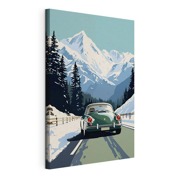 Canvas Schilderijen Auto rijdt op een besneeuwde weg