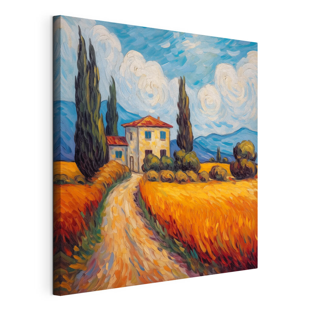 Painting of a house in a wheat field Painting of a house in a wheat field