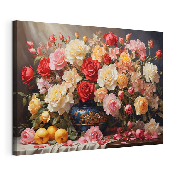 Canvas Schilderijen Vaas met bloemen en fruit