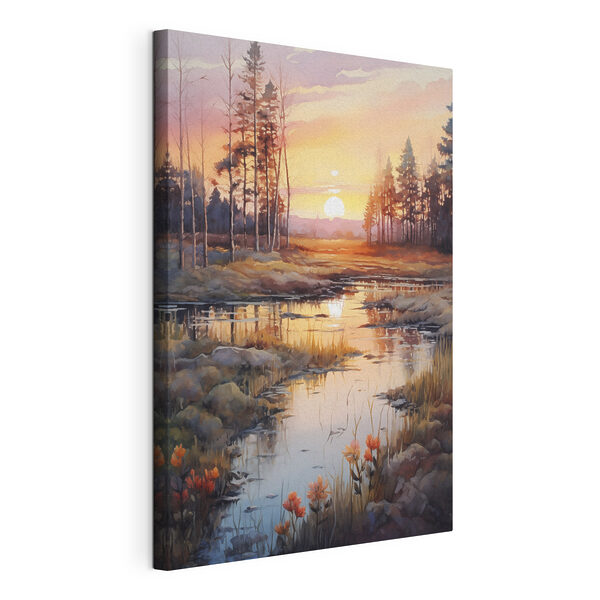 Aquarel van een rivier met bomen en een zonsondergang Canvas Schilderijen Aquarel van een rivier met bomen en een zonsondergang