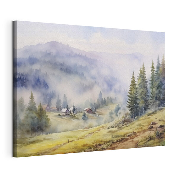 Canvas Schilderijen Aquarel van een dorp in de bergen