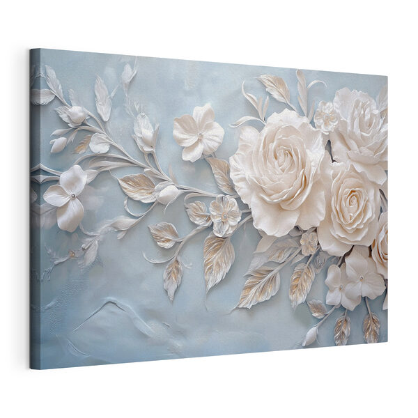 Canvas Schilderijen Witte bloemen en bladeren op een blauw oppervlak