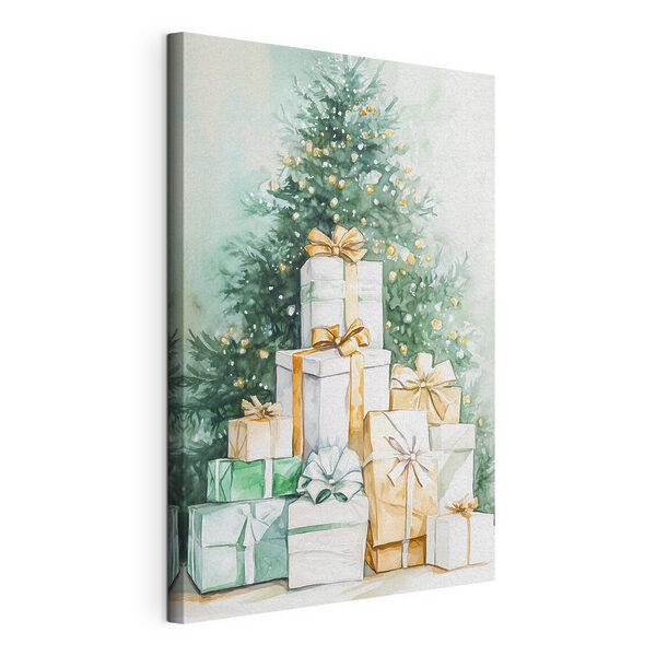 Aquarel van cadeautjes onder een boom Canvas Schilderijen Aquarel van cadeautjes onder een boom