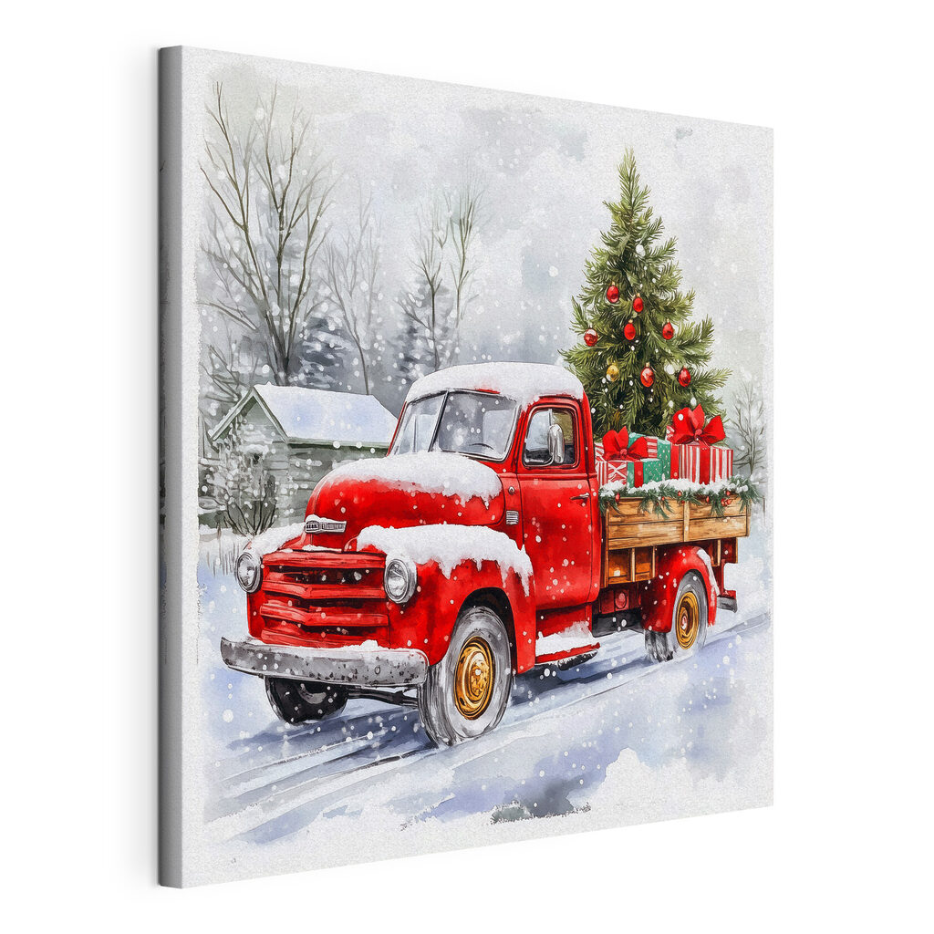 Red truck with a christmas tree on the back Red truck with a christmas tree on the back