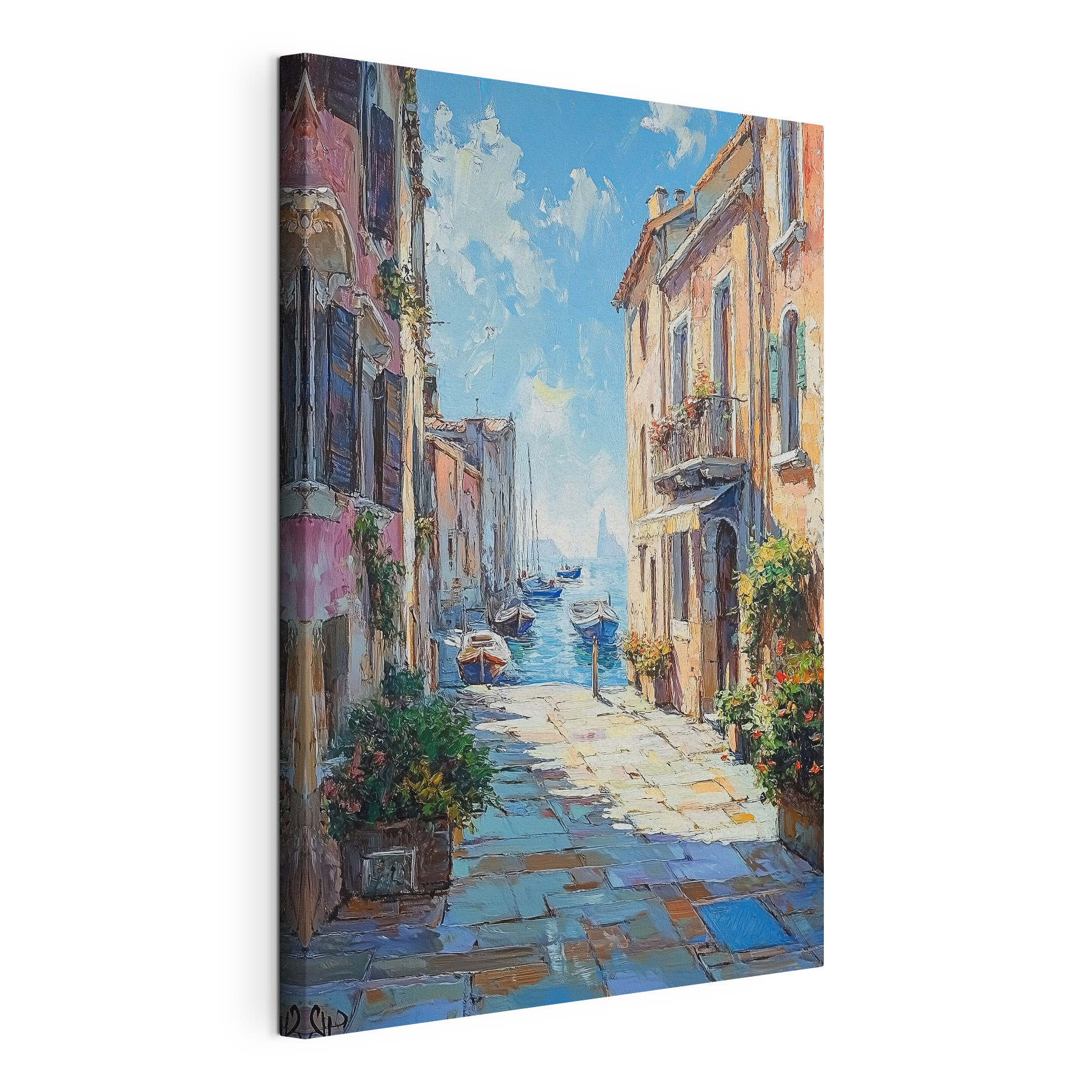 Painting of a street with boats and buildings