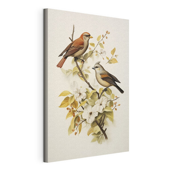 Canvas Schilderijen Twee vogels op een tak met bloemen