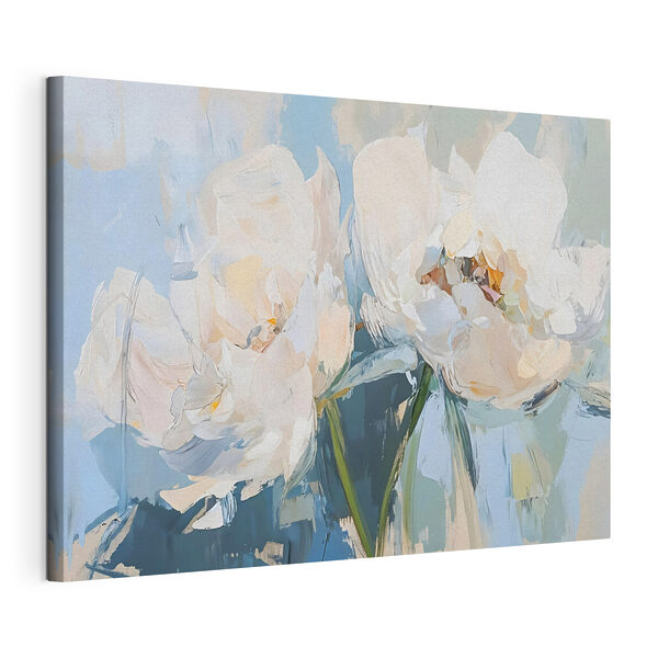 Canvas Schilderijen Schilderij van bloemen op een blauwe achtergrond