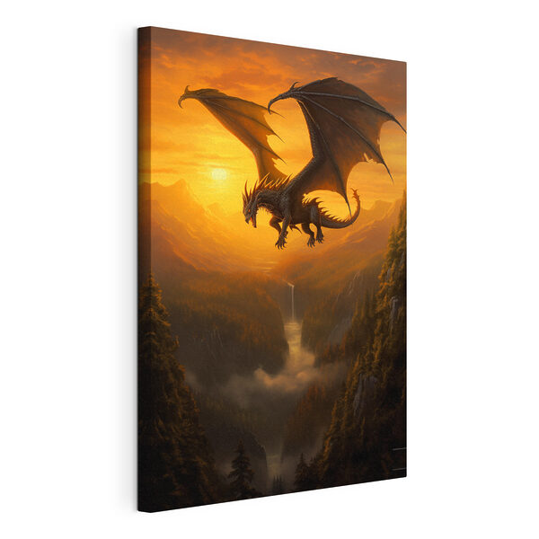 Draak vliegend over een vallei Canvas Schilderijen Draak vliegend over een vallei
