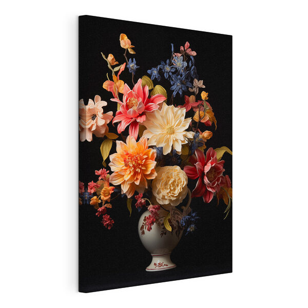Canvas Schilderijen Vaas met bloemen op zwarte achtergrond