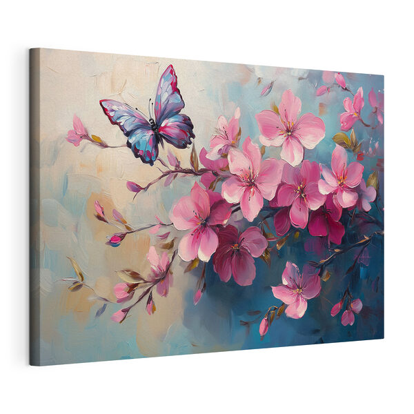 Canvas Schilderijen Vlinder op een tak met roze bloemen