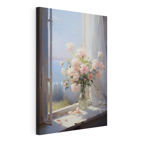 Canvas Schilderijen Vaas met bloemen voor een raam