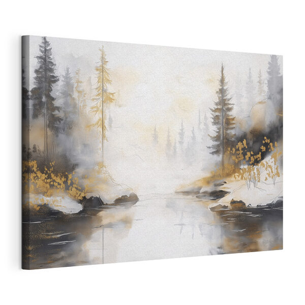 Canvas Schilderijen Aquarel van een rivier met bomen en mist