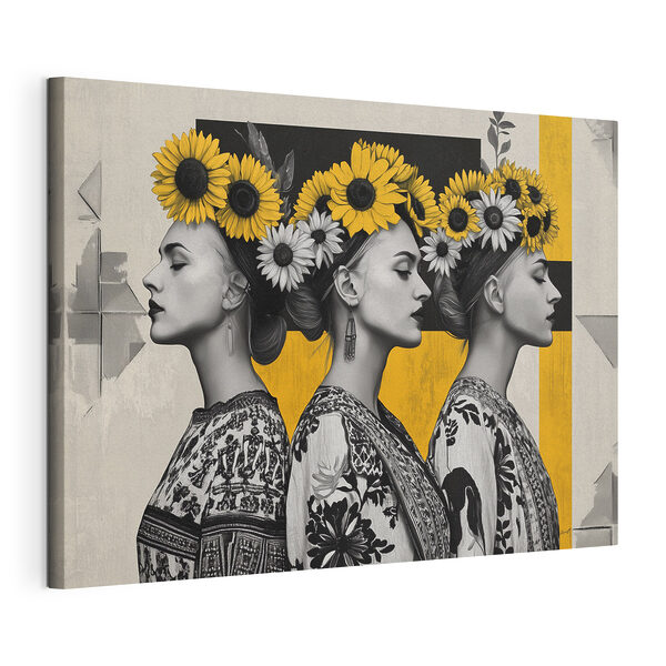 Groep vrouwen met zonnebloemen in het haar Canvas Schilderijen Groep vrouwen met zonnebloemen in het haar