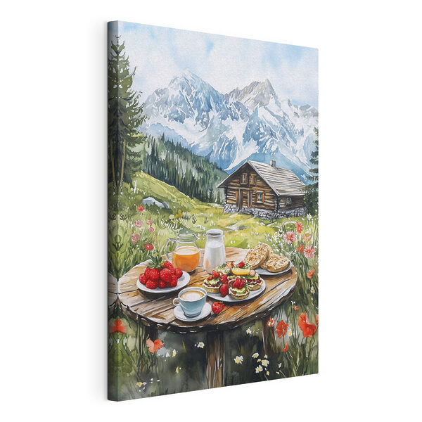 Tafel met eten en drinken voor een berg Canvas Schilderijen Tafel met eten en drinken voor een berg