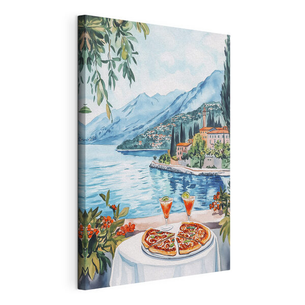 Canvas Schilderijen Aquarel van een tafel met eten en een meer op de achtergrond