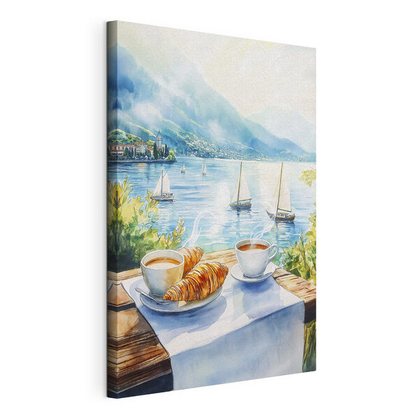 Canvas Schilderijen Aquarel van een tafel met koffie en croissants erop