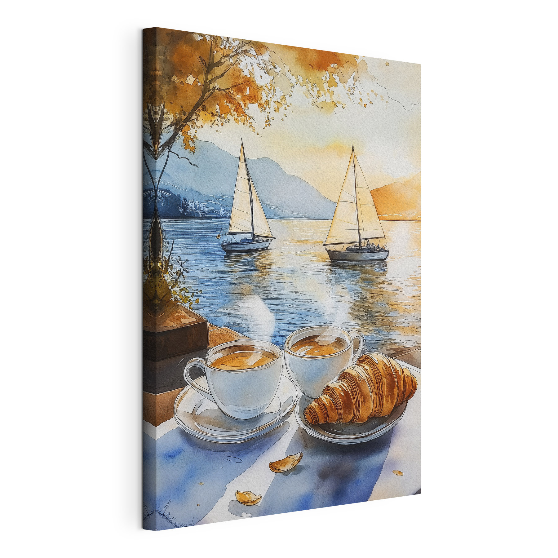 Watercolor of two cups of coffee and a croissant on a table Watercolor of two cups of coffee and a croissant on a table