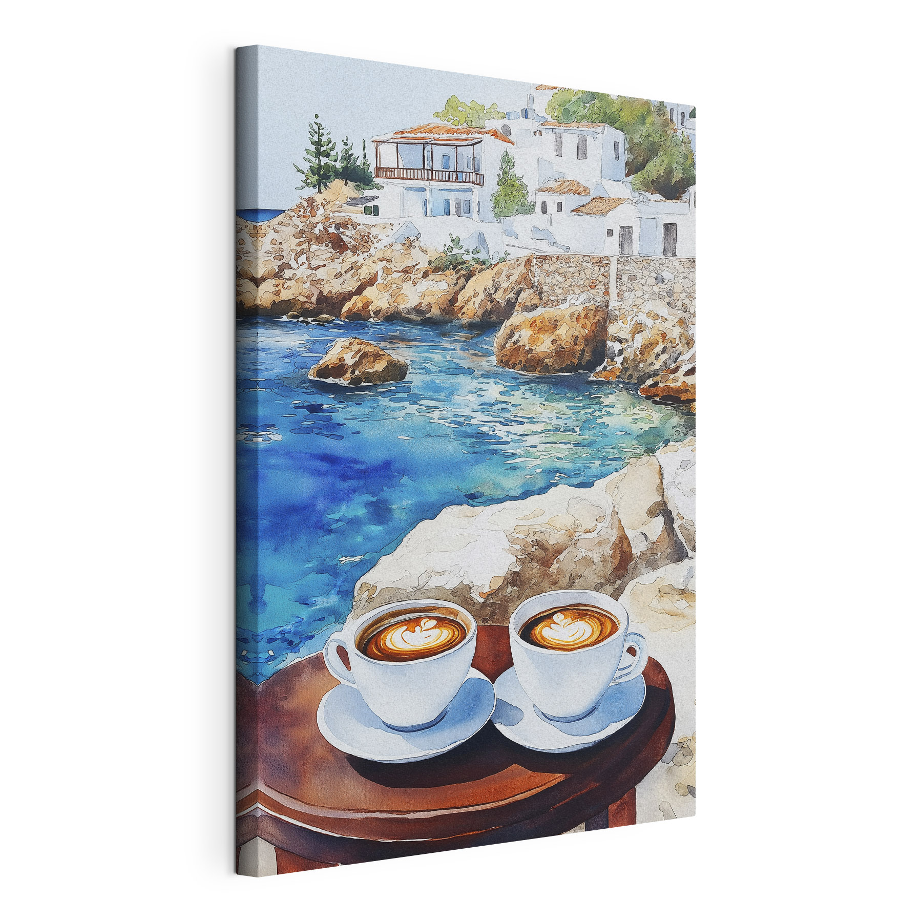 Two cups of coffee on a table next to a body of water Two cups of coffee on a table next to a body of water