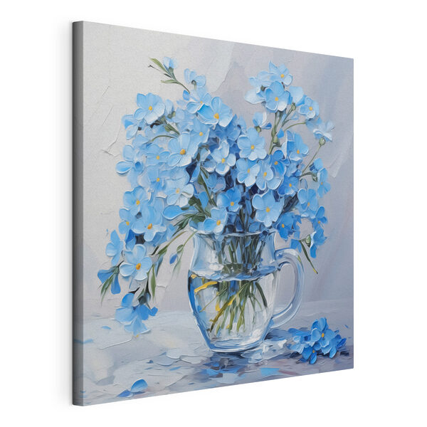 Canvas Schilderijen Schilderij van blauwe bloemen in een glazen vaas