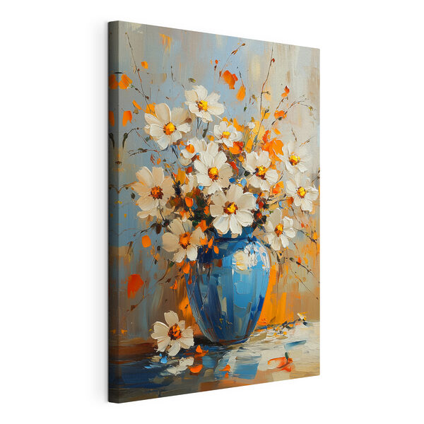 Schilderij van bloemen in een blauwe vaas Canvas Schilderijen Schilderij van bloemen in een blauwe vaas