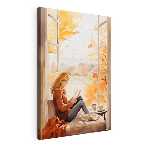 Vrouw zittend op een vensterbank en leest een boek Canvas Schilderijen Vrouw zittend op een vensterbank en leest een boek